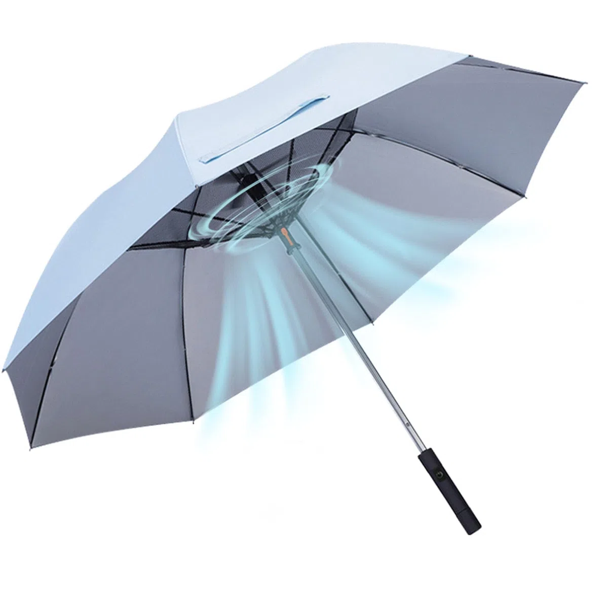 Sombrilla con ventilador de refrigeración, recargable UPF 50+ protección UV al aire libre para actividades de verano, golf, playa y picnics - Protección solar personal