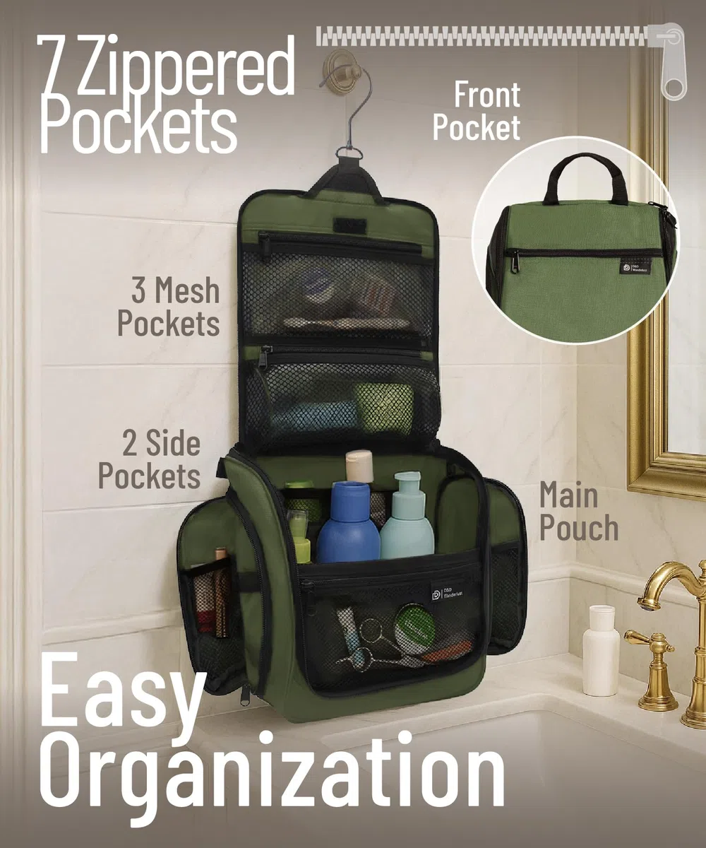 D&D - Neceser colgante de viaje para hombres y mujeres, kit organizador de cosméticos, maquillaje y artículos de tocador con 10 compartimentos, gancho giratorio de metal XXL, nailon resistente al agua