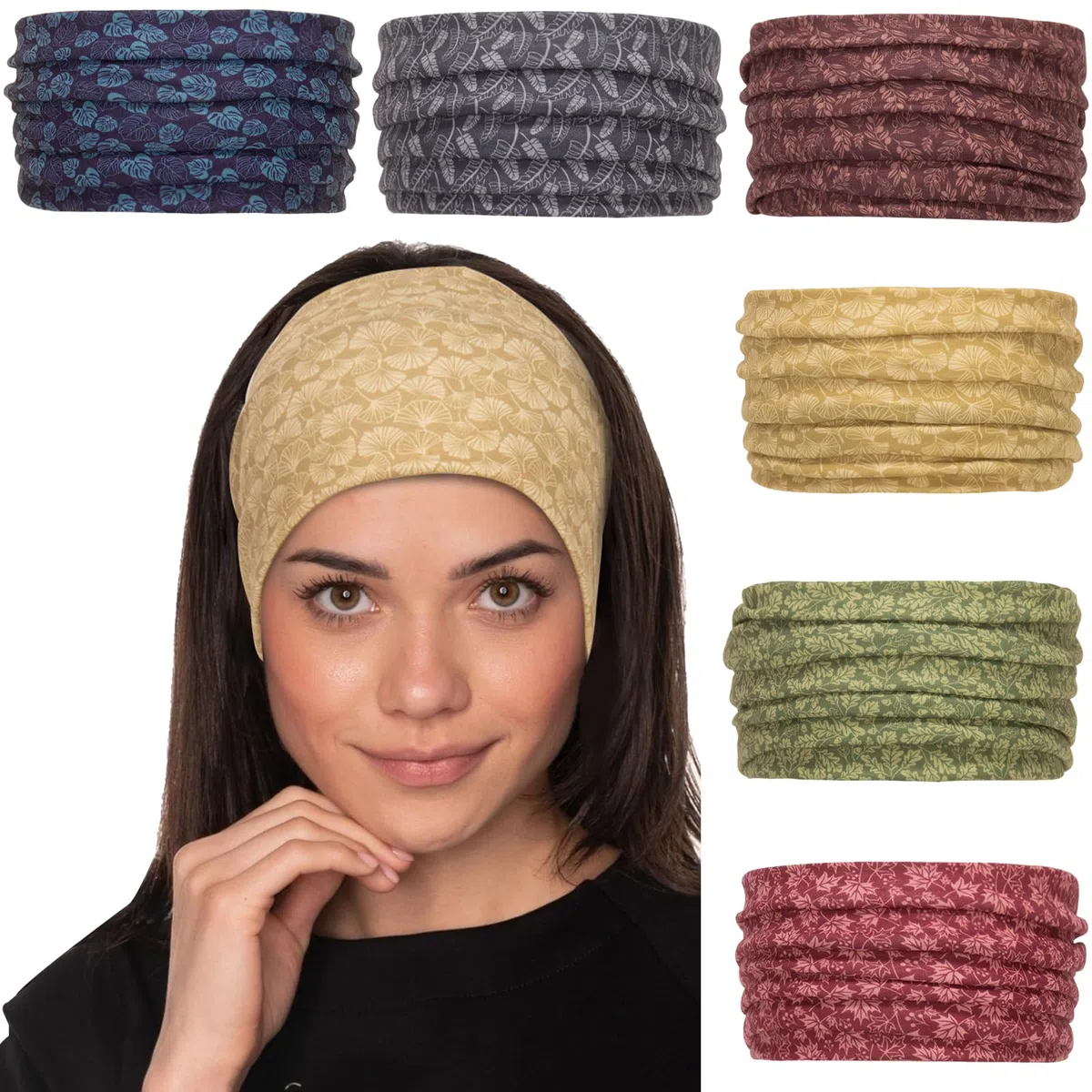 Cobahom 6 diademas anchas para mujer, antideslizantes, de tela suave, turbante, lisas, elásticas, deportivas, para entrenamiento, yoga, correr (patrón de hojas)