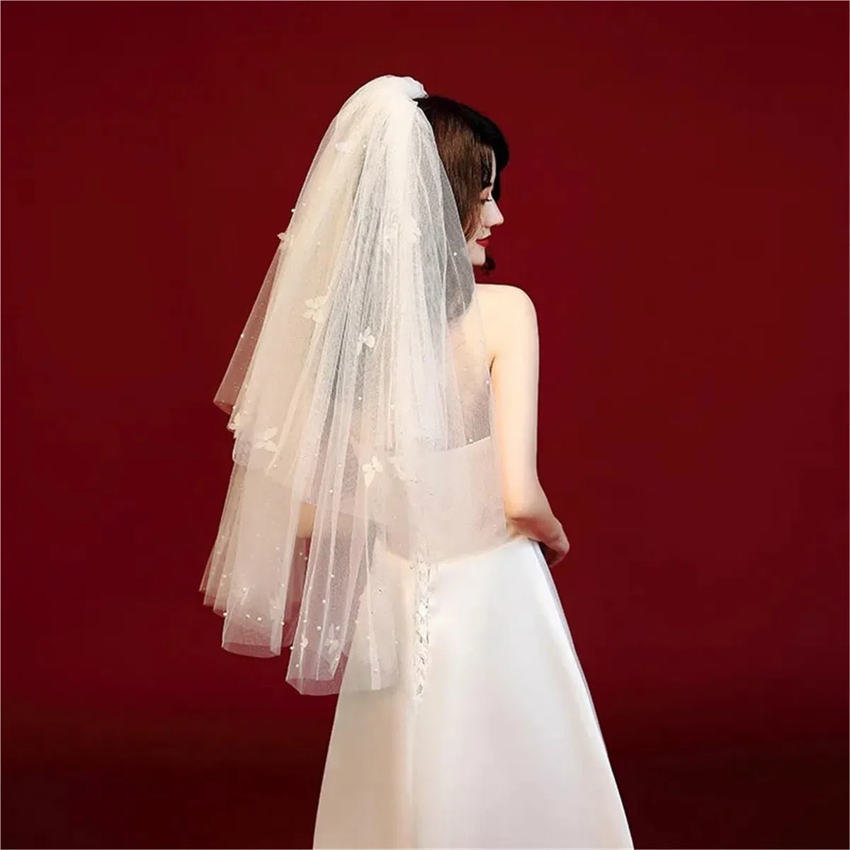 Genérico Velo de novia, tocado de novia con cuentas y lazo, accesorios de, gasa corta