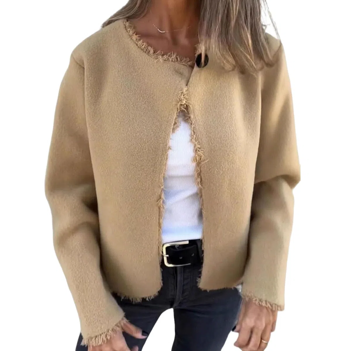 Genérico Chaqueta de manga larga con cuello redondo y cuello de piel para mujer, chaqueta corta informal con abertura delantera, cárdigan ligero con botones.