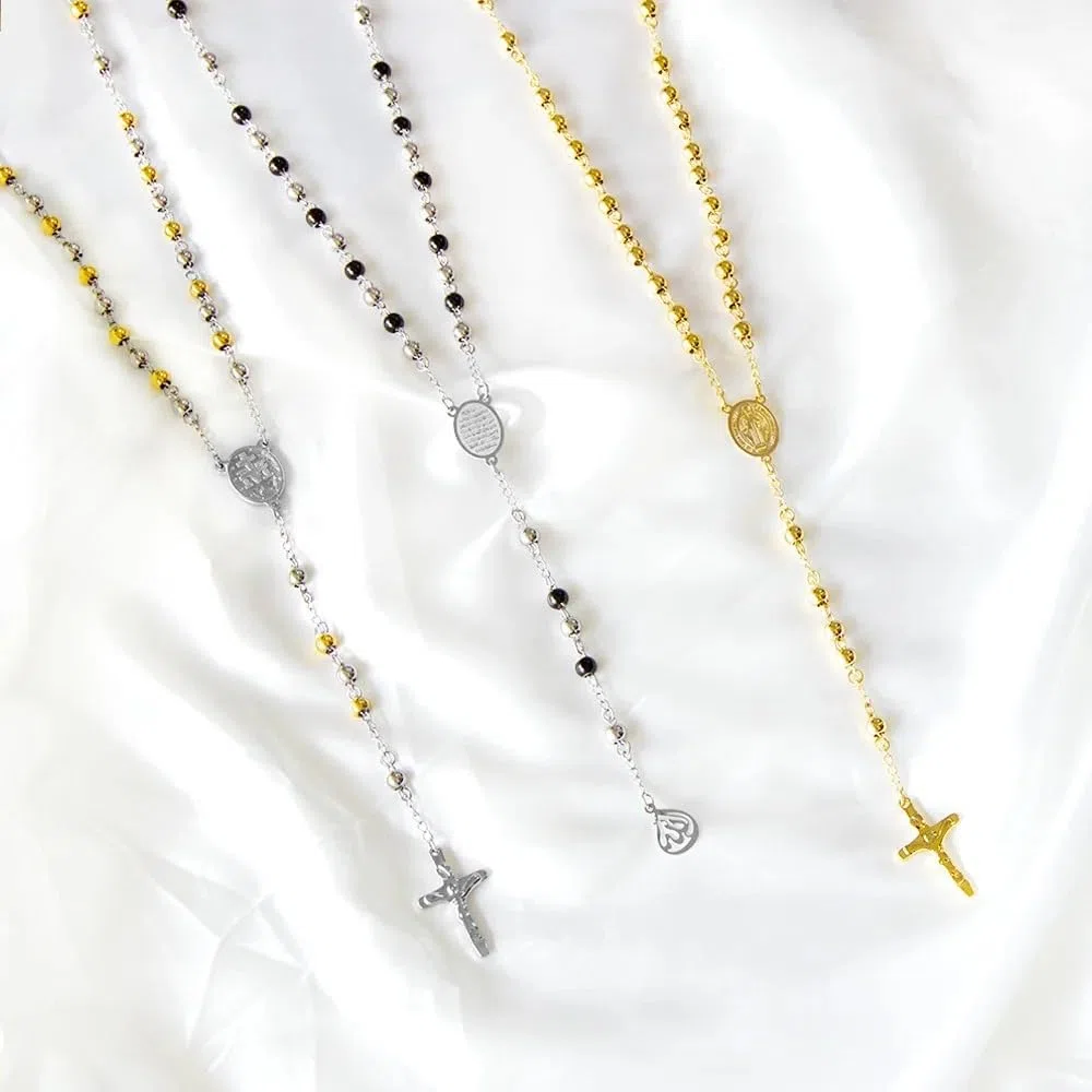 Collar de rosario religioso de plata de ley 925 para mujeres y hombres - Rosarios católicos escapularios largos Collares con colgante de cuentas para hombre