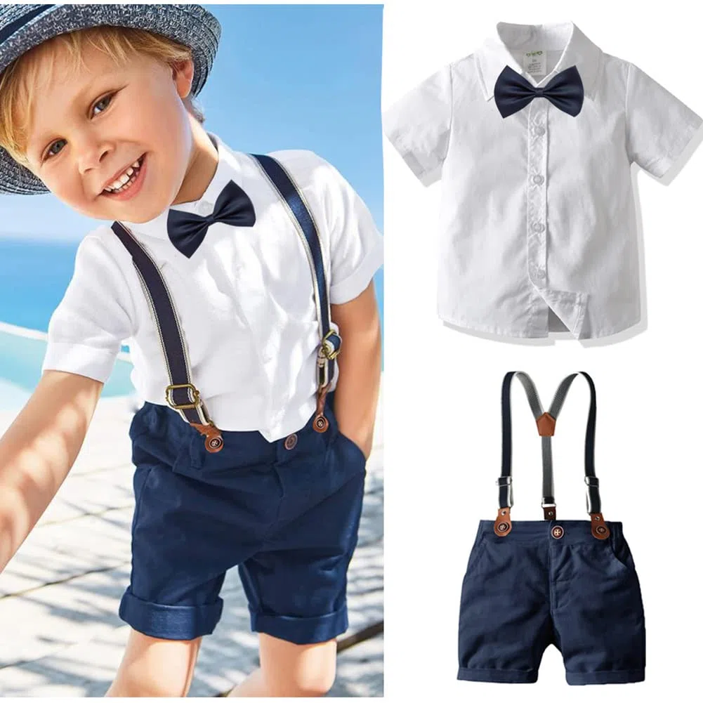 Odizli Conjunto de ropa de manga larga para niños, camisa + pajarita + tirantes + pantalones 4 piezas
