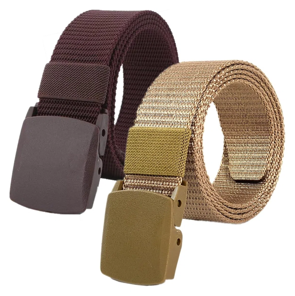 Cinturones de trabajo para hombre, Cinturones for hombres y mujeres, cinturón táctico de nailon ligero, tamaño de hasta 67 pulgadas con hebilla de plástico militar, 2 piezas(Brown/Khaki,150CM/59")