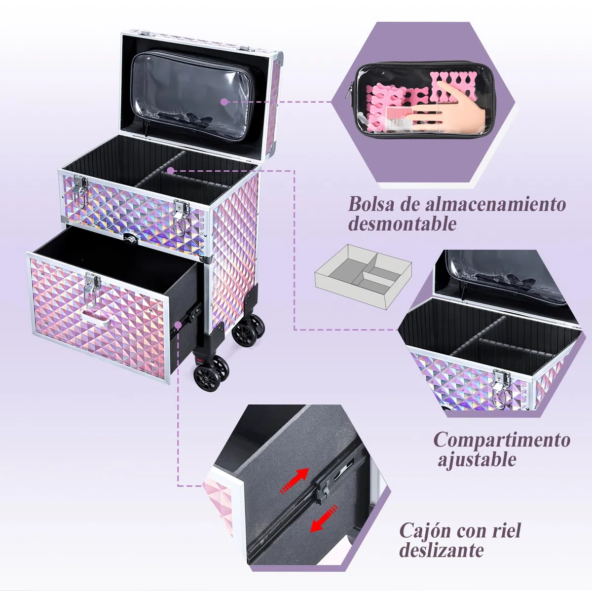Maleta Maquillaje con Ruedas Maletín Maquillaje Profesional con Cajones, Maletín de peluquería Caja Maquillaje para para Maquilladores, Peluqueros y Técnicos de Uñas, con Bolso Desmontable, Rosa