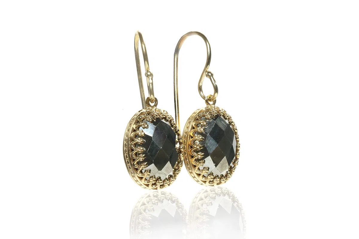 Pendientes de Cristal de Pirita - Pendientes Ovalados de Piedra Natural, Pendientes de Moda, Pendientes para Todos los Días - Pendientes de Oro Intrincados con Caja de Joyería - Elija su Material
