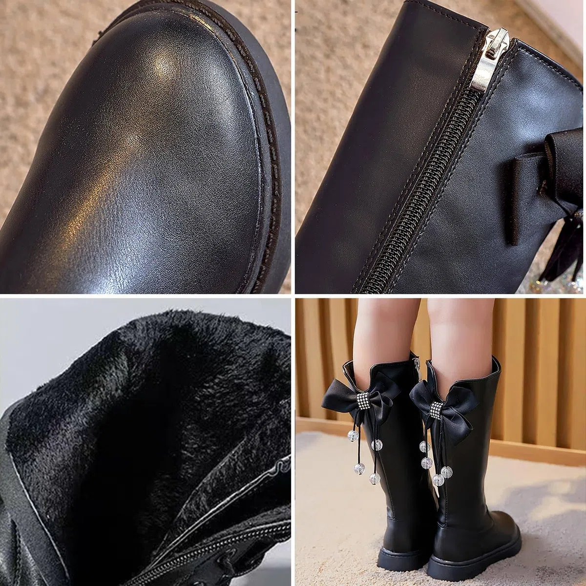 Botas De Montar para NiñAs (27-37), Botas De Montar con Punta Redonda Y Pajarita, Cremallera Lateral, Suela De Goma + Forro CóModo, para OtoñO E Invierno.,CottonShoes-32