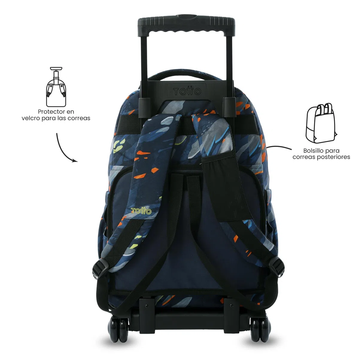 TOTTO - Mochila Escolar con Ruedas, Modelo Renglones, Capacidad 26,21 Litros, Bolsillo para PC 14", Bolsillo Botella, Correas en S para Mayor Comodidad, Resistente, Estampado Groove Azul