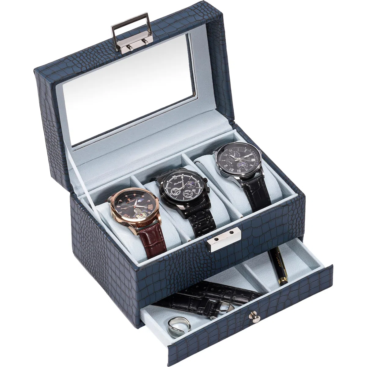Caja para relojes para hombre, estuche de exhibición de 3 ranuras con cajón, estuche para relojes de hombre con tapa de cristal, organizador de almacenamiento de joyas y relojes de 2 capas p