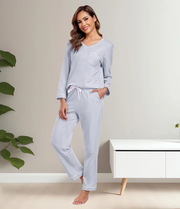 COLORFULLEAF Pijama para mujer 100% algodón largo pijama conjunto dos piezas otoño invierno pijamas manga larga traje de casa, gris, XL