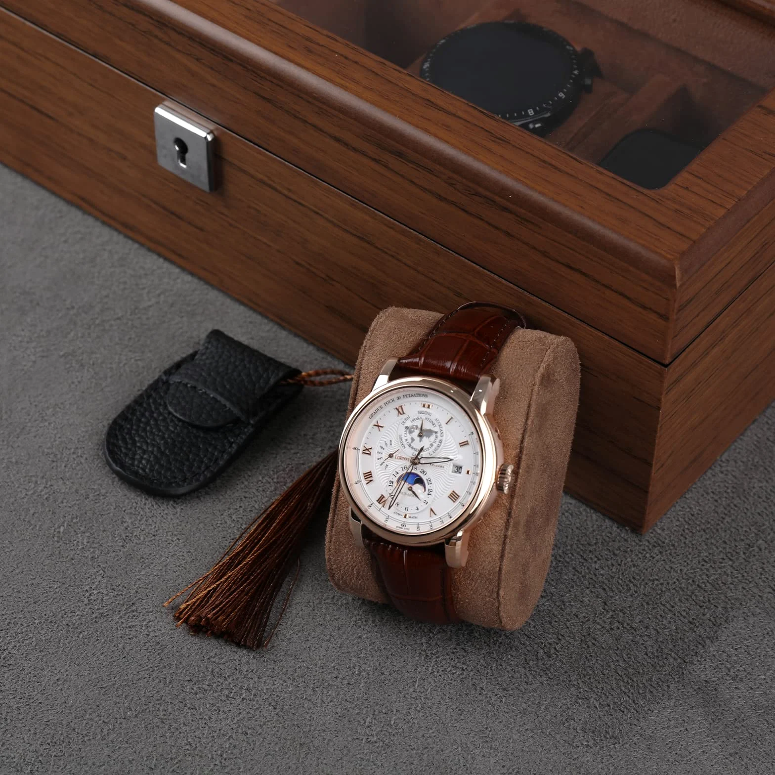 Caja de Relojes con 5 Compartimentos, Madera Estuche Relojes Hombre | Organizadora de Reloj con Tapa de Cristal y Cerradura, Cojín Extraíble, Porta Relojes Idea de Regalo Hombres/Niñas/Festival