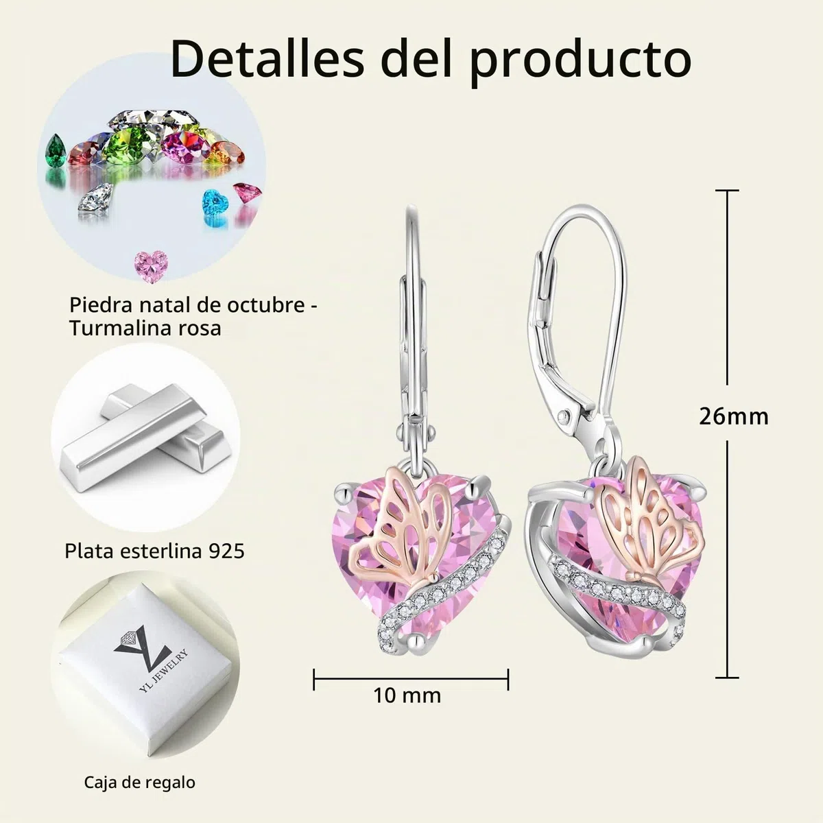 YL Pendientes Corazón Plata de Ley 925 con 12 piedras de Nacimiento Circonita Mariposa Pendientes para Mujer