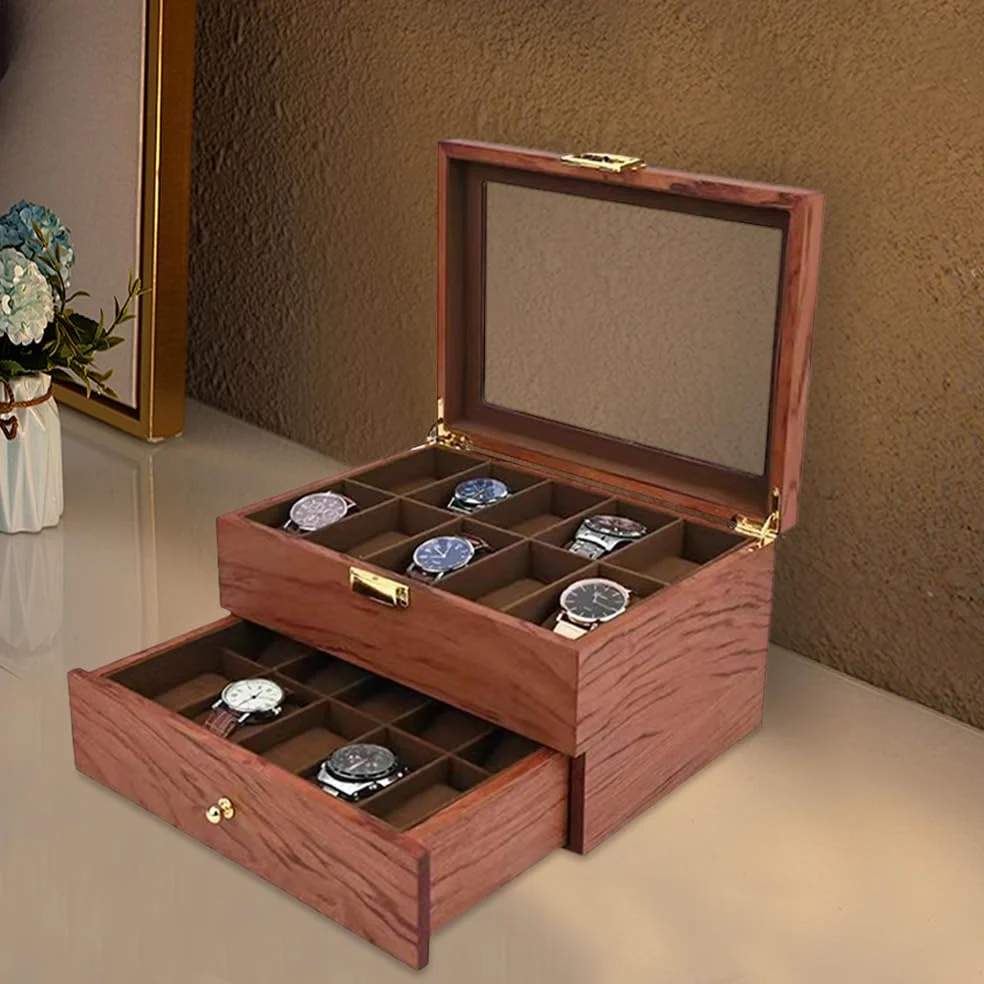 Caja para relojes con 20 compartimentos, caja de madera con tapa transparente, 29 x 21,5 x 16 cm, joyero para niñas, para relojes y joyas, regalo
