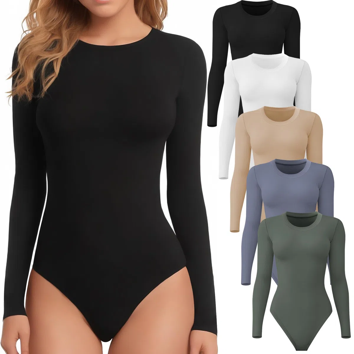 TVKSOM Paquete de 4/5 mamelucos de manga larga para mujer, cuello redondo, suave, transpirable, casual, elástico, básico