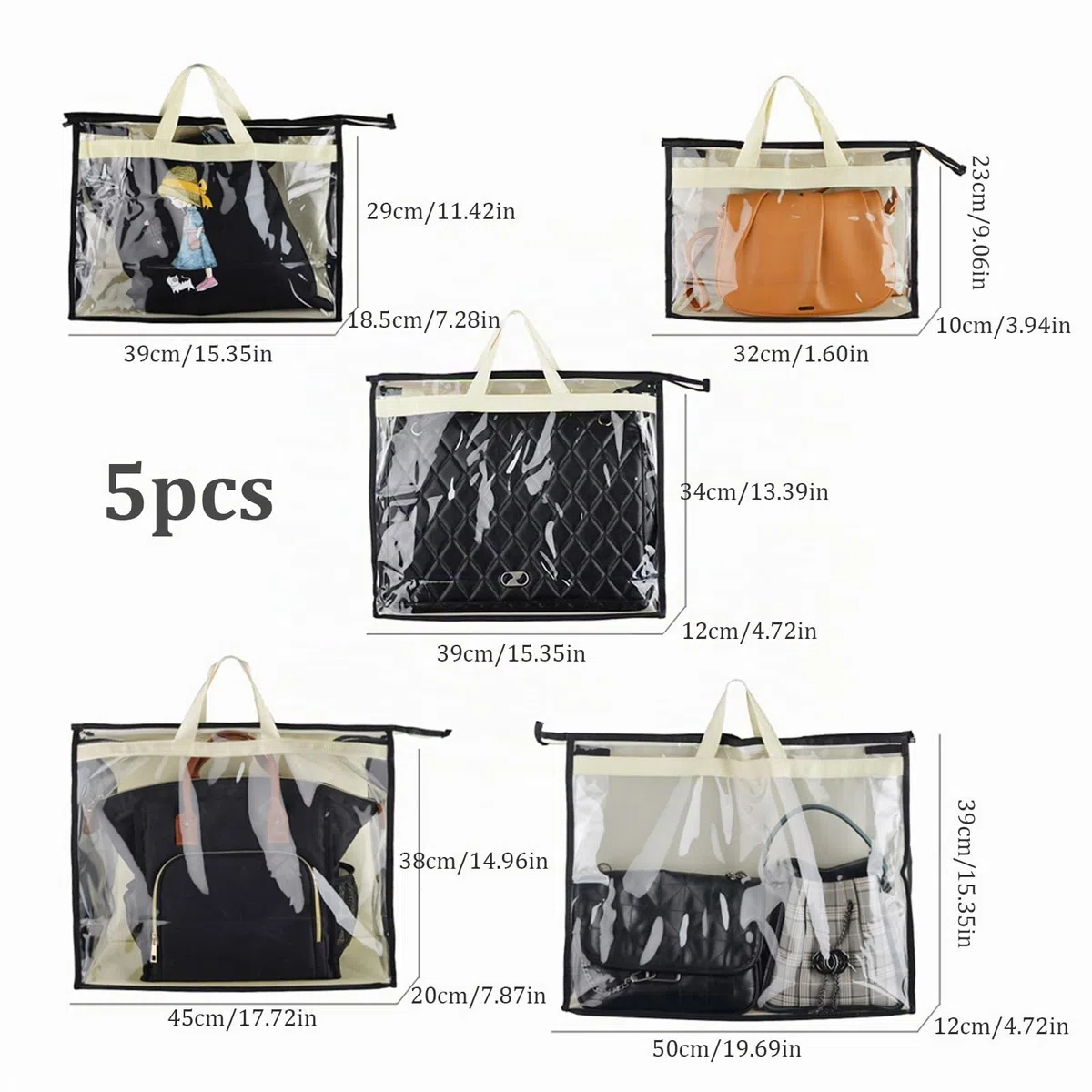 Gcroet Bolsa de Almacenamiento de Bolsos, Organizador de Bolsos, Bolsa con Cubierta Antipolvo, Transparente, Antipolvo, Bolsa de Almacenamiento para Colgar Armario con Cremallera (Paquete de 5)