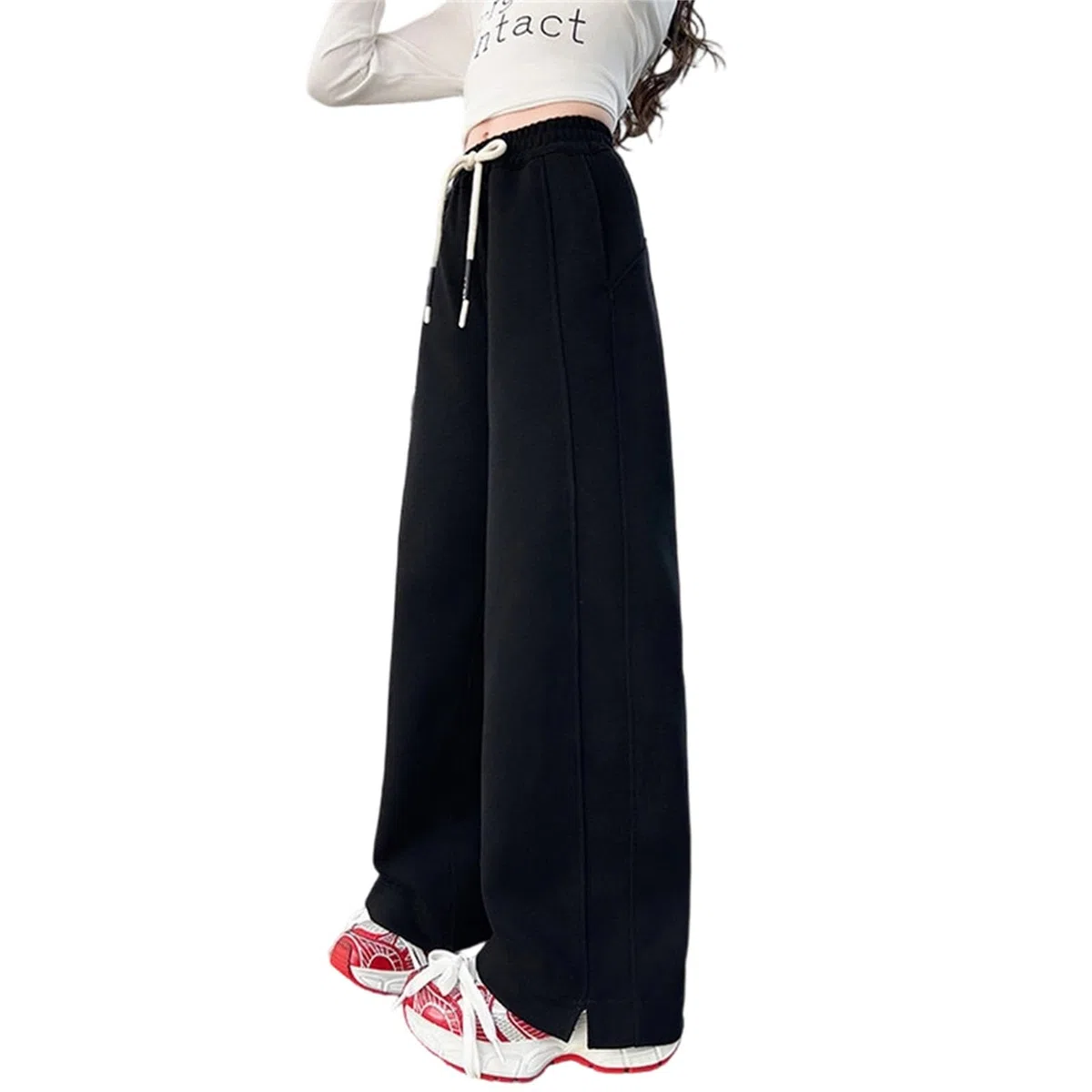 Pantalones deportivos holgados de pierna recta para niños y niños, forro polar dividido, lindos pantalones deportivos de pierna ancha, color sólido, pierna ancha, parte inferior abierta, pantalones de