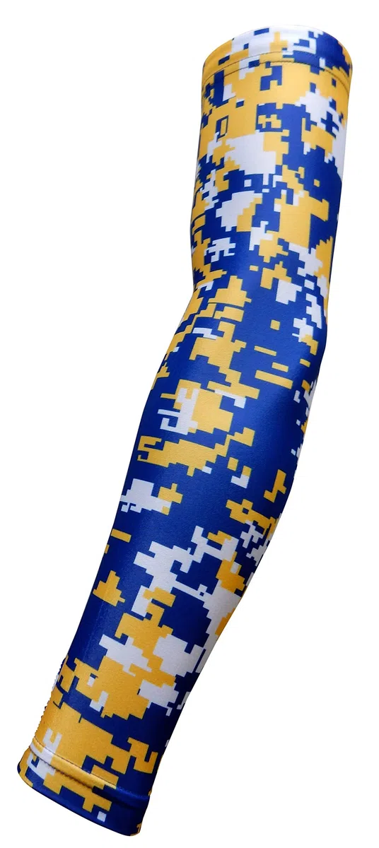 SportsFarm Manga de brazo de camuflaje digital azul real, amarillo y blanco, compresión que absorbe la humedad (mediana)