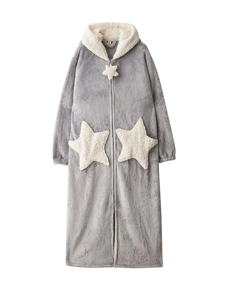 Mujer/Hombre cálida en forma de estrella/luna Albornoz Con capucha Fluffy Fleece Bata Longitud Entero Caliente Mullido Invierno Larga túnica Felpa Espesar con Cierre de Cremallera