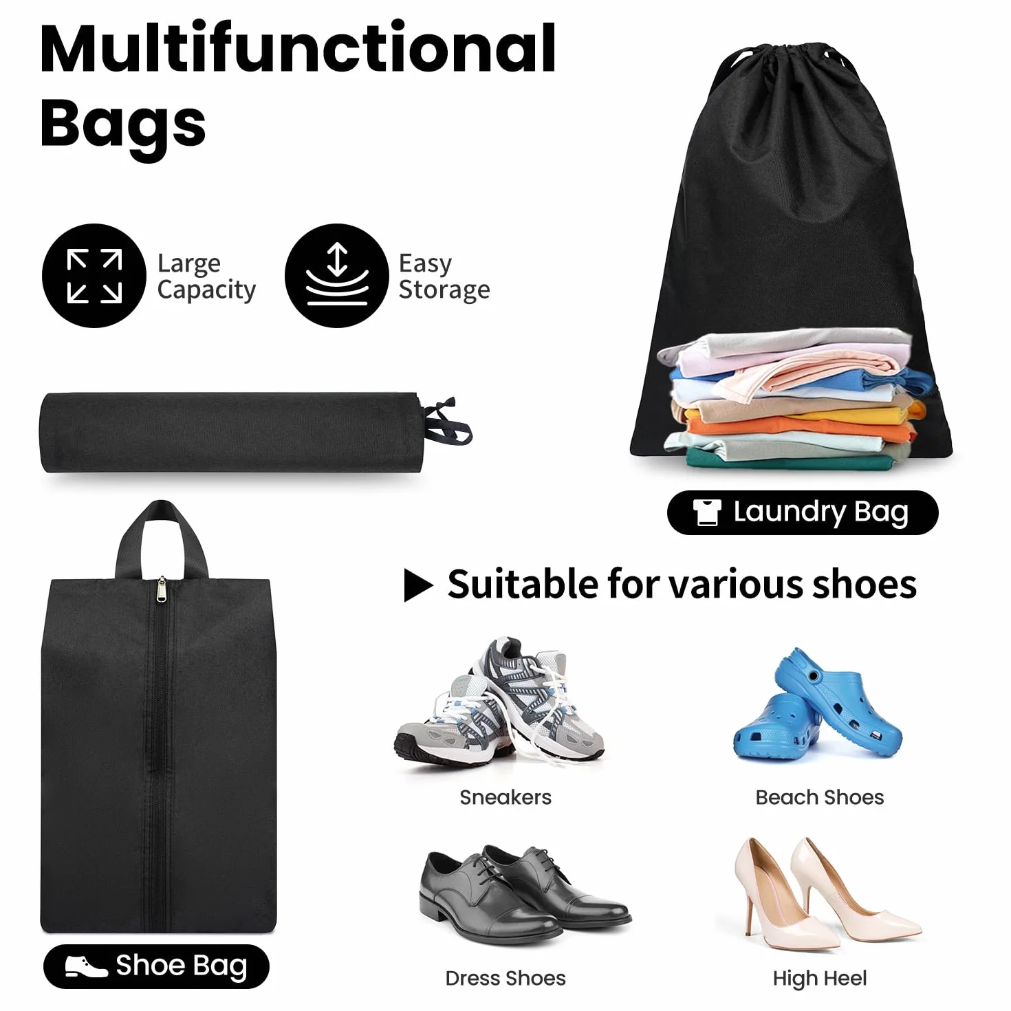Set de 8 cubos de almacenamiento con compresión extra fuerte, bolsas espaciosas de malla transpirable y nailon, aptas para guardar ropa y zapatos en casa o de viaje, Negro