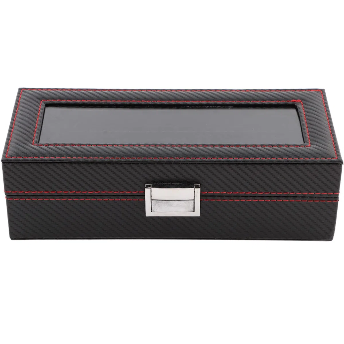 Caja para relojes de 5 compartimentos, estuche para relojes de fibra de carbono con costuras rojas, organizador de joyería de viaje para hombres y mujeres, almacena 5 relojes de