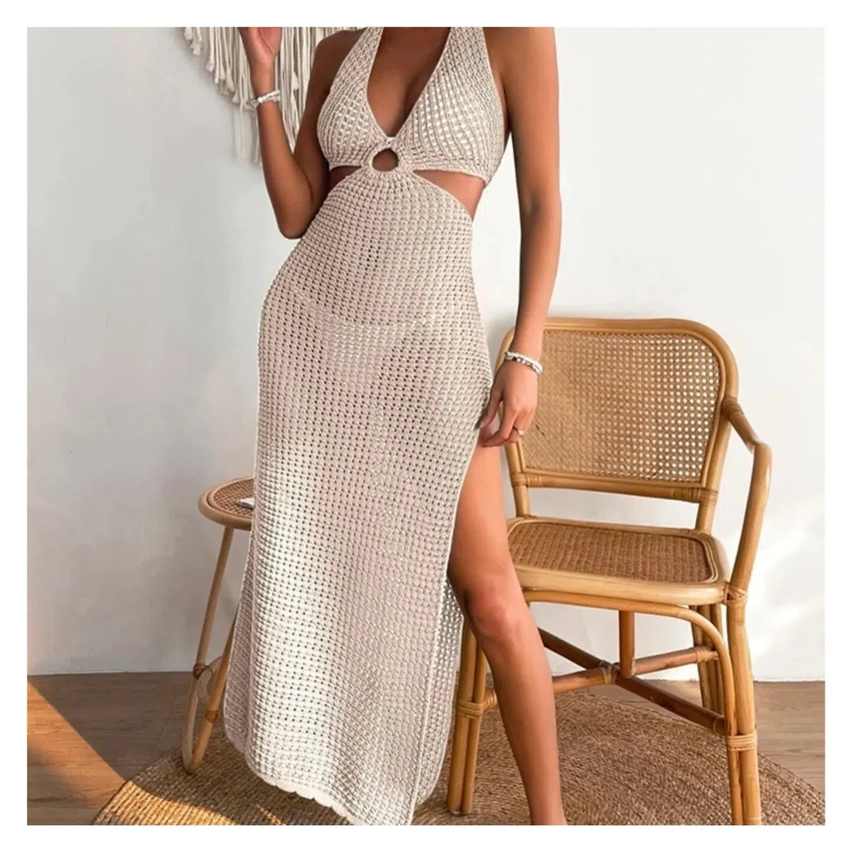 Vestido de Playa de Ganchillo Vestido Largo sin Mangas con Cuello Halter de Crochet Beige for Mujer for Vacaciones en la Playa Verano