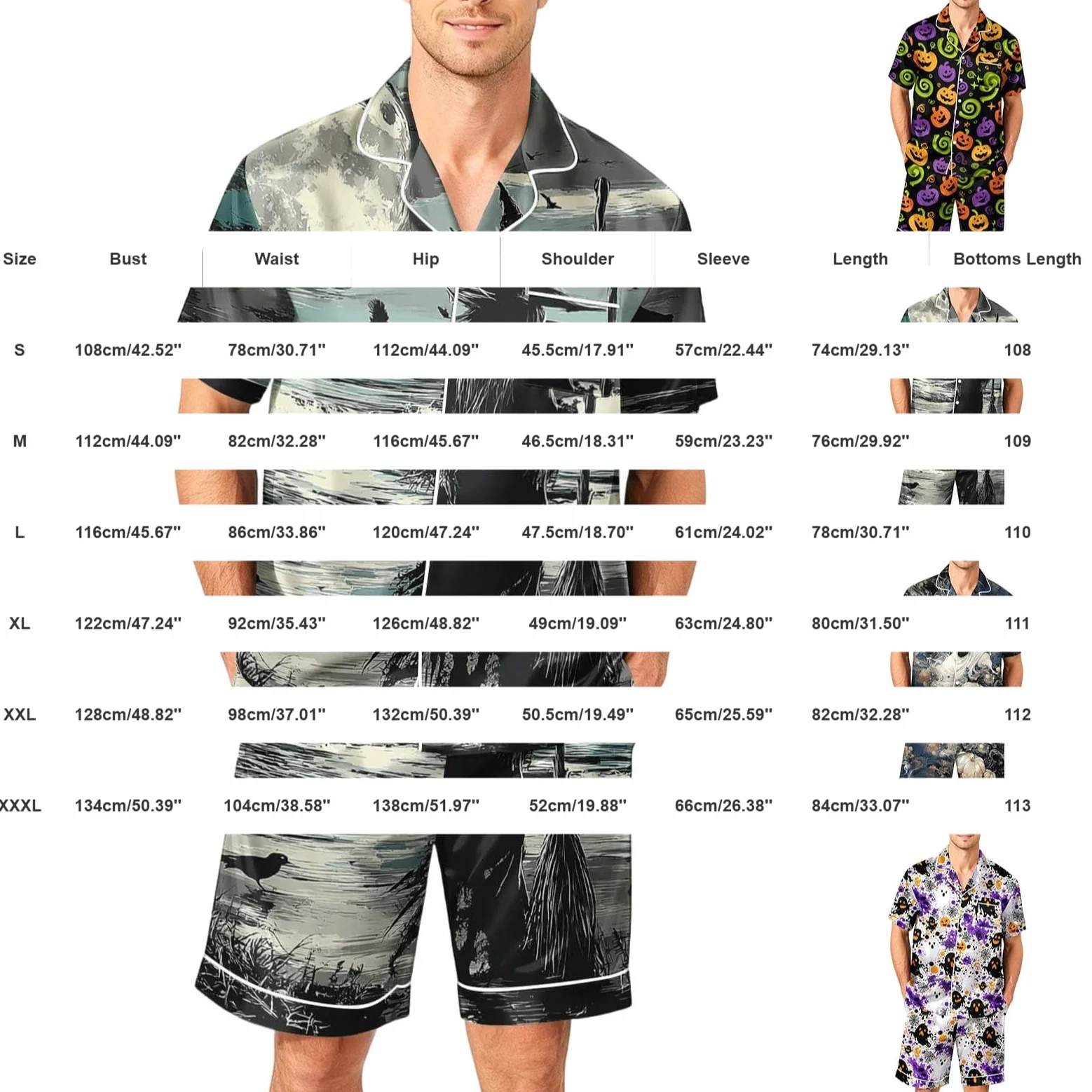 Generisch Pijama deportivo para hombre de manga corta con botones y pantalones cortos con estampado gótico, conjunto de ropa de dormir y ropa de dormir para las vacaciones para hombre (verde, XXXL)