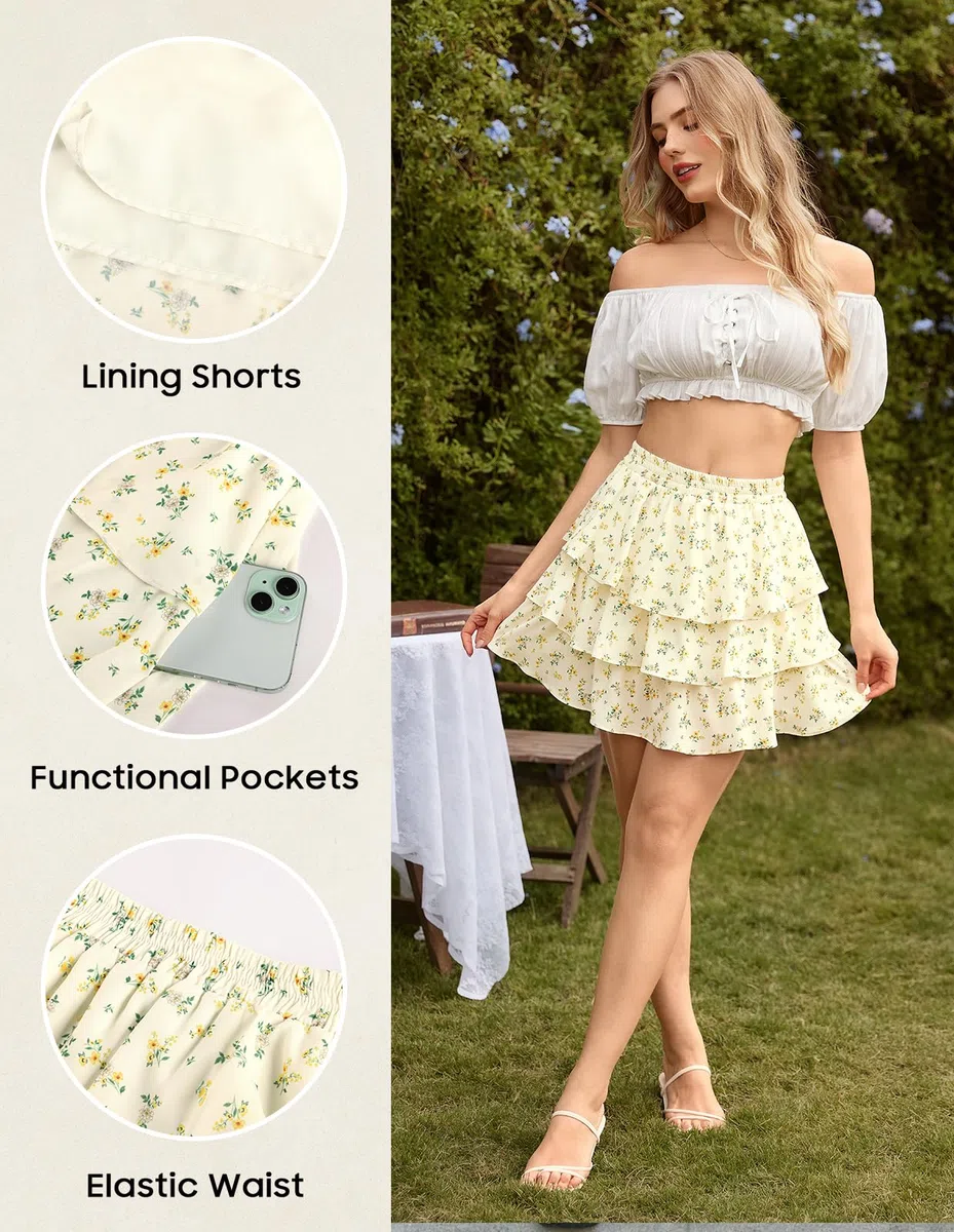 SCARLET DARKNESS Minifalda de gasa floral para mujer, cintura elástica, falda de verano con pantalones cortos para playa, club, fiesta