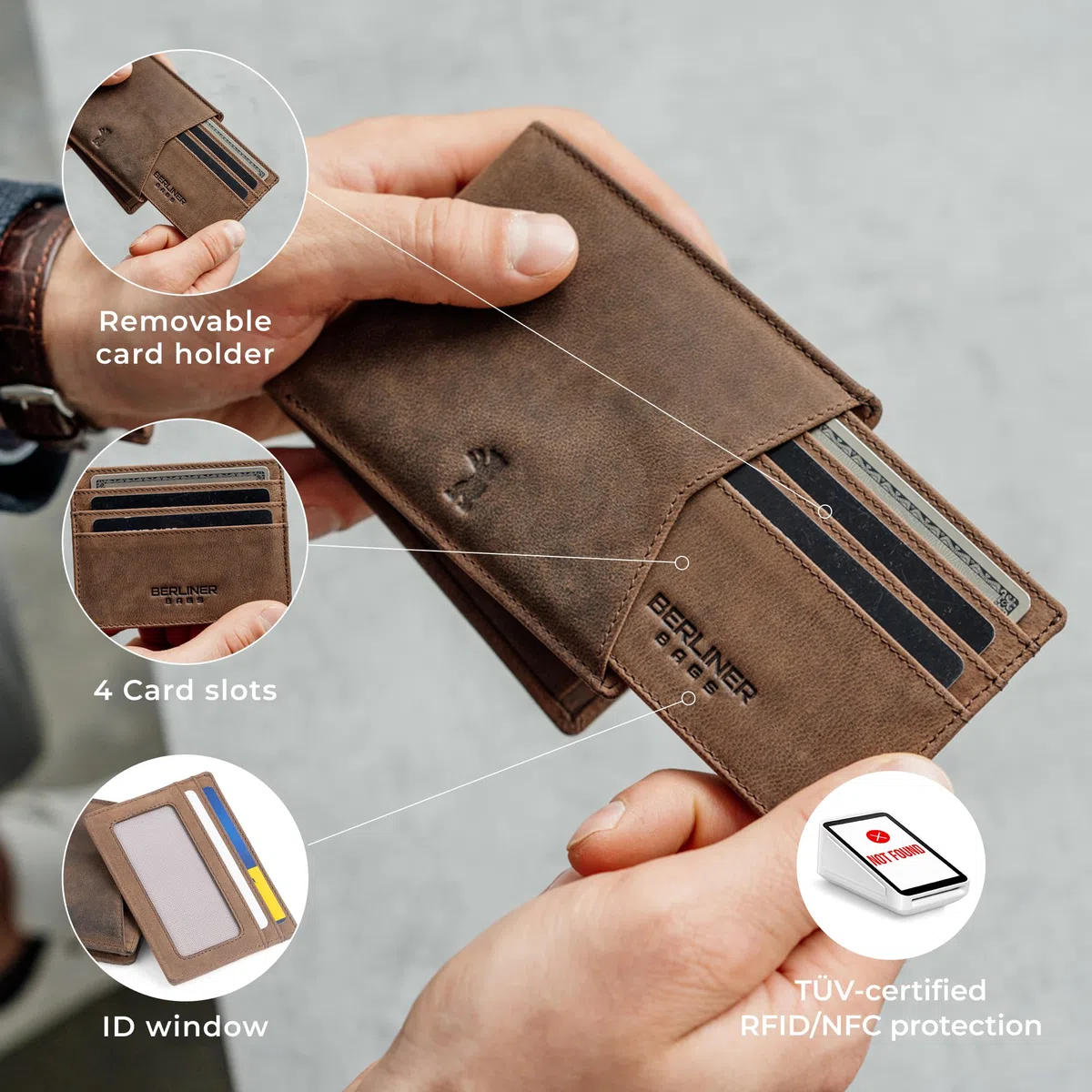 Berliner Bags Kiel Cartera de Piel Auténtica con Tarjetero Extraíble y RFID | Marrón Billetera De Cuero Hombre 8 Tarjetas Ventana Dni Monedero Cierre Botón Alemán Estilo Vintage Único Elegante Práctica