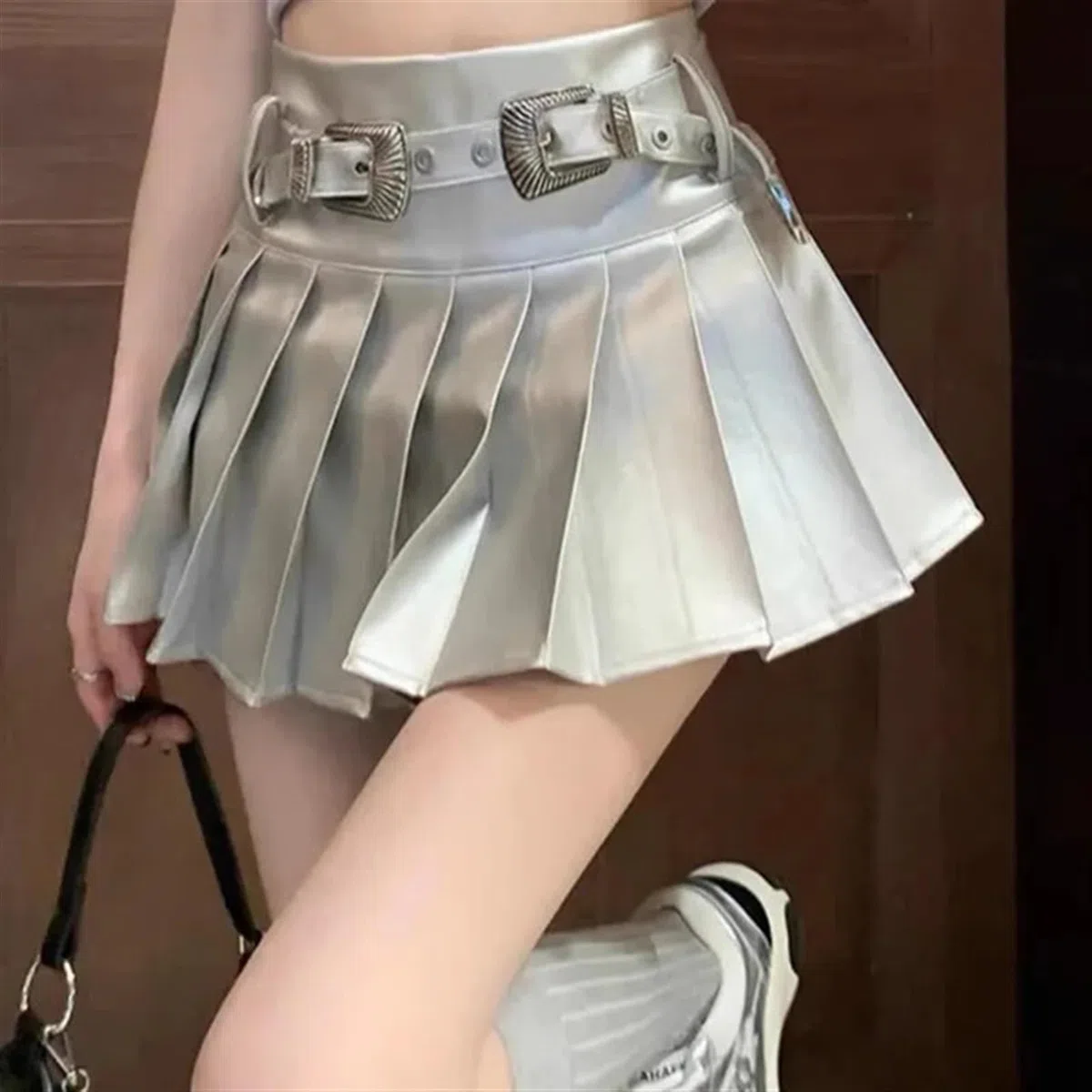 Falda Plisada Mujer Faldas Plisadas Plateadas de Cuero sintético for Mujer, minifaldas de Cintura Alta con cinturón, de Verano, de Corte A(Silver with Belt,S)