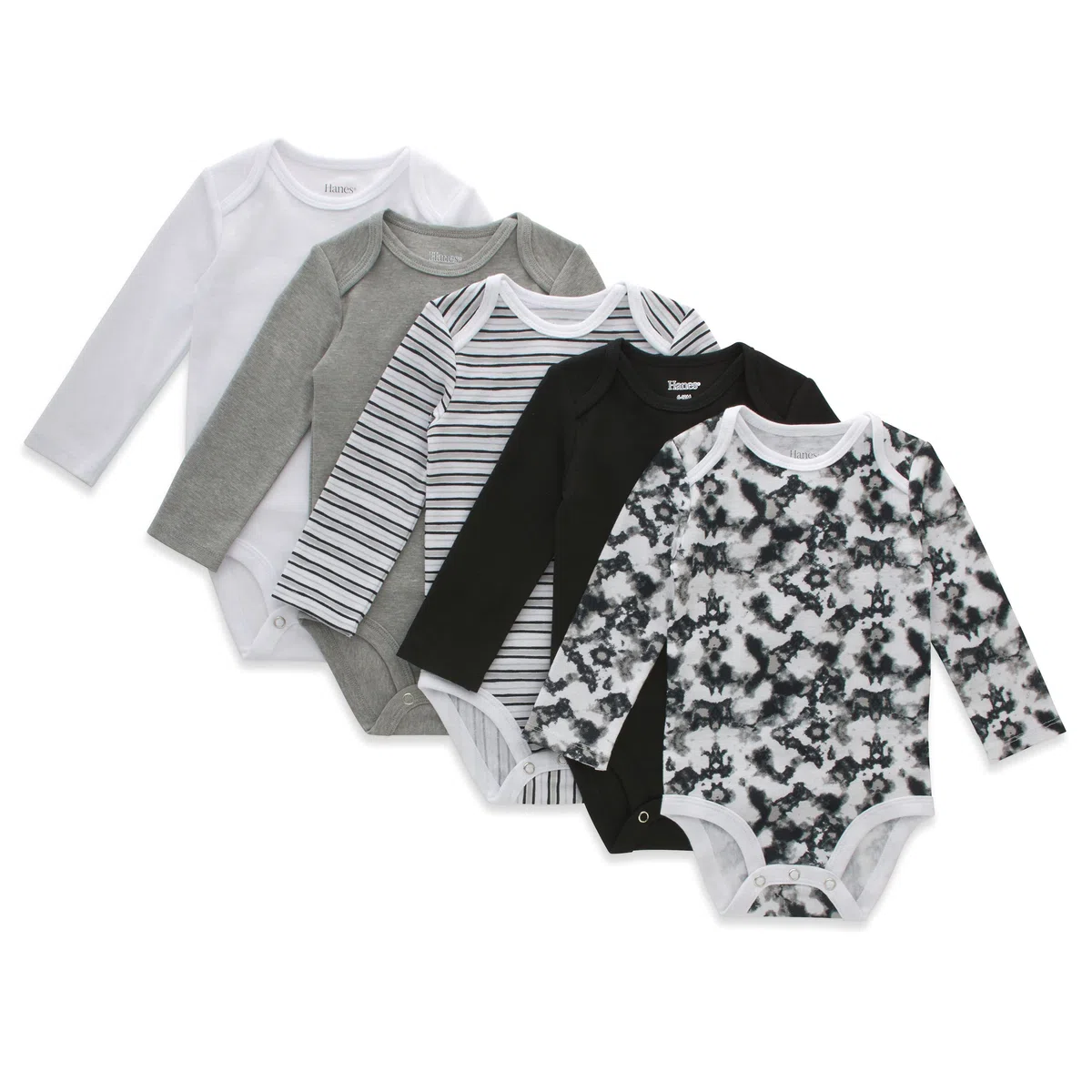 Hanes Body de manga larga para bebé Ultimate Flexy, paquete de 5 unidades, blanco/gris/negro, 0-6 meses, Blanco Gris Negro, 0-6 Meses