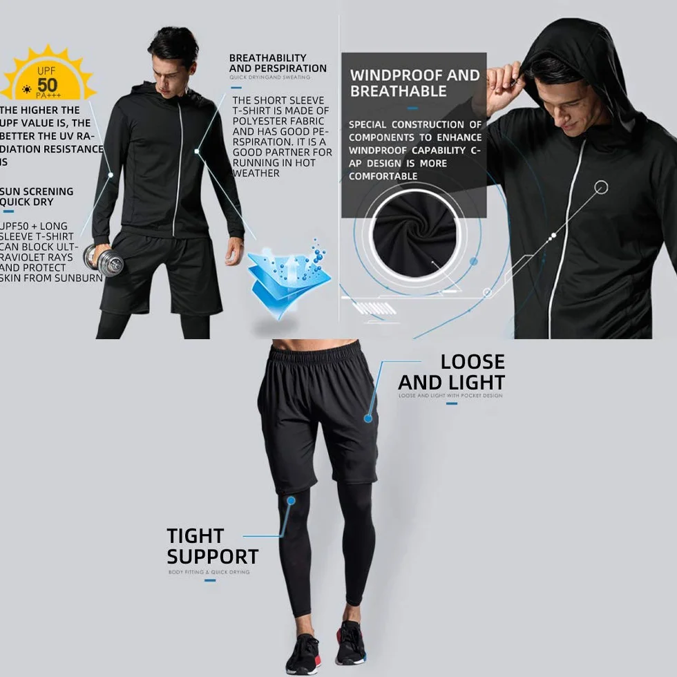 Traje de entrenamiento para hombre, 5 piezas, camiseta de compresión, ropa deportiva, secado rápido, transpirable, para correr, gimnasio, fitness