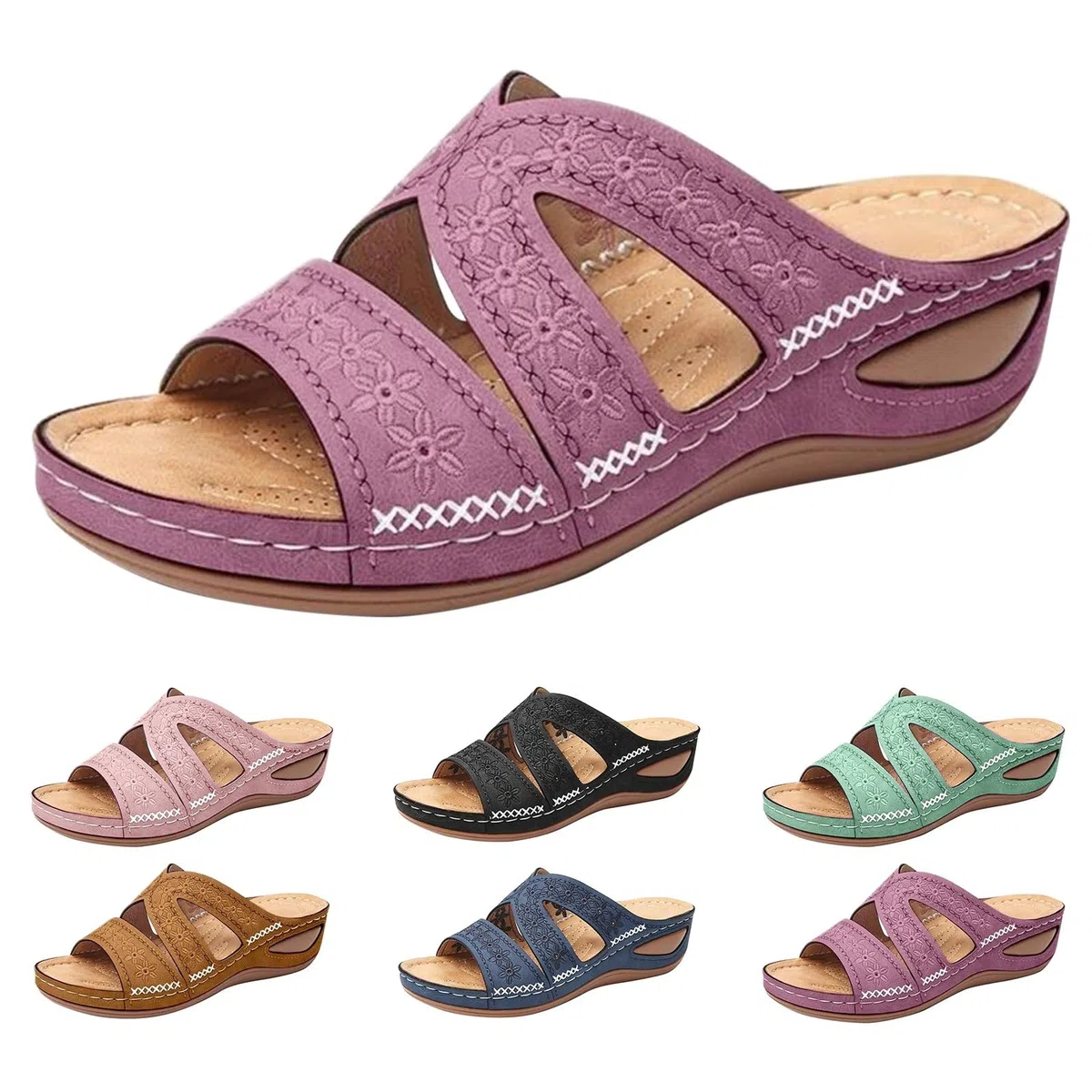 Chanclas de playa para mujer con cuña baja - Zapatillas de verano abiertas Slippers Platform bordado floral sandalia Strappy fáciles de poner sandalias resistentes y ligeras zapatillas casuales de