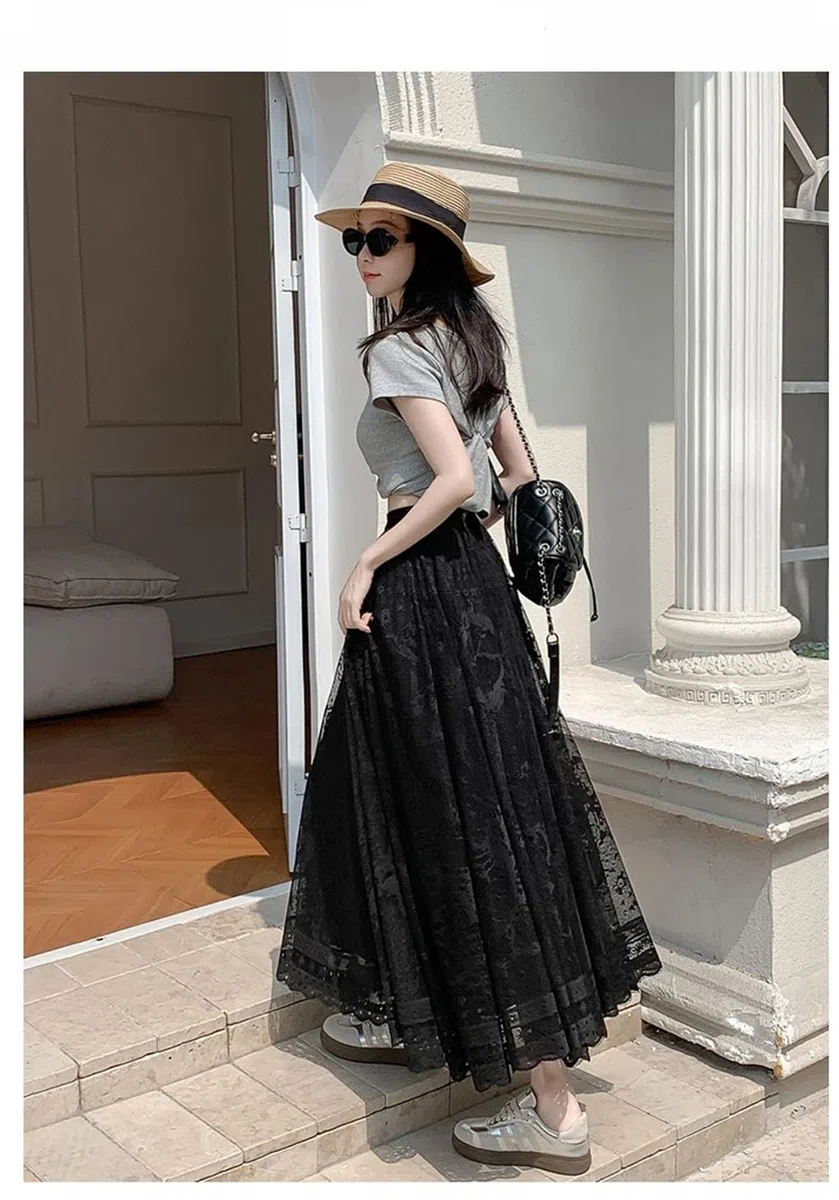 Faldas largas de encaje bordado vintage francés para mujer, de cintura alta, plisadas, para fiesta