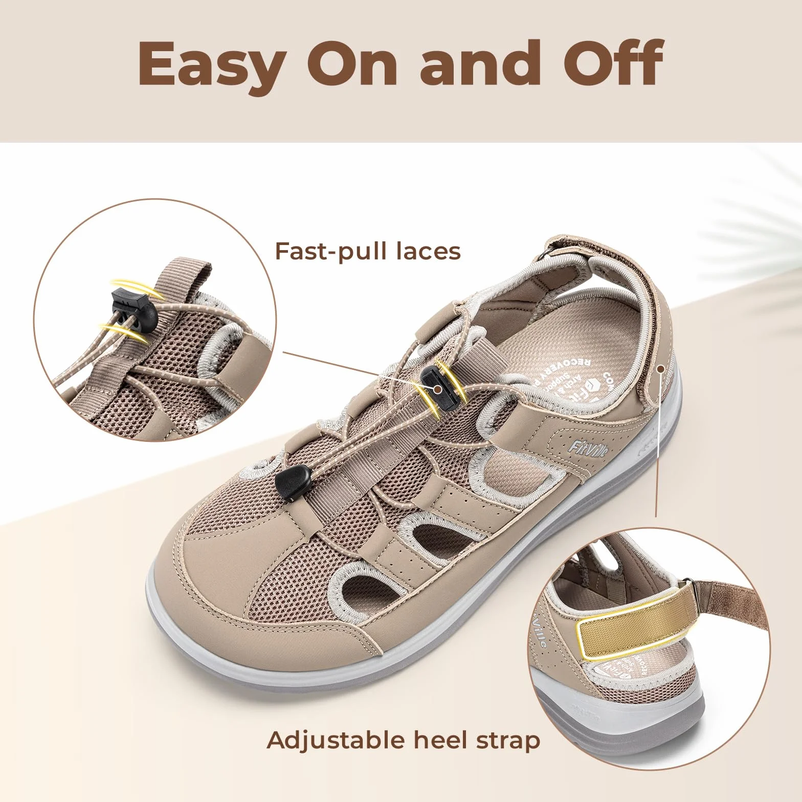 FitVille Sandalias Anchas de Verano para Mujer Transpirables y Cómodas con Sistema de Cordón Elástico y Correa Ajustable para Exterior