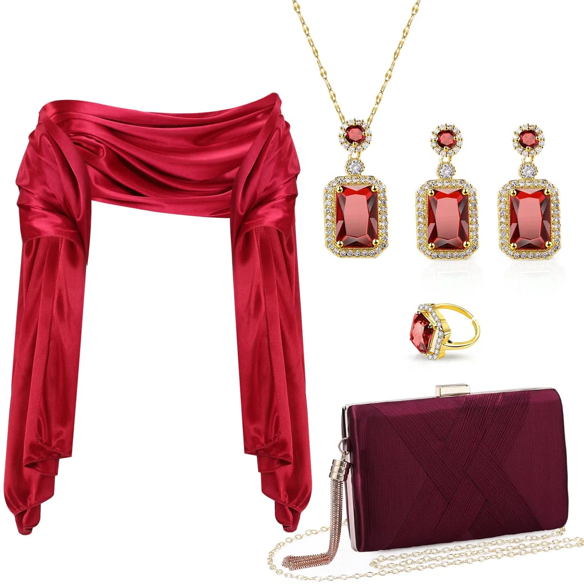 Jadive Juego de 5 piezas de joyería de satén para mujer, vestidos de noche, bolso de graduación, bufanda, aretes, collar, anillo para boda, novia, noche, fiesta, accesorios vintage para banquetes
