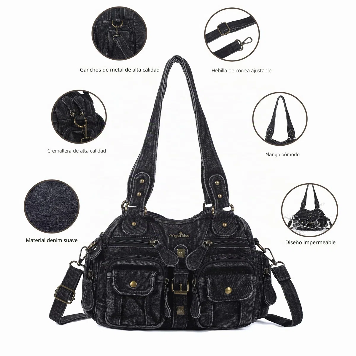 Angel Kiss Bolso Bandolera Mujer Tote Bag PU Cuero Versátil con Múltiples Bolsillos y Cremallera,Ideal para Trabajo, Compras, Viajes,Escuela y Ocasiones Casuales