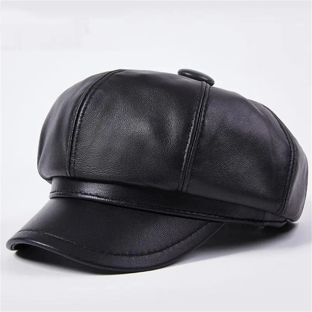 Gorra de piel auténtica para mujer, estilo vintage, de piel de oveja, estilo panadero, octogonal, para invierno