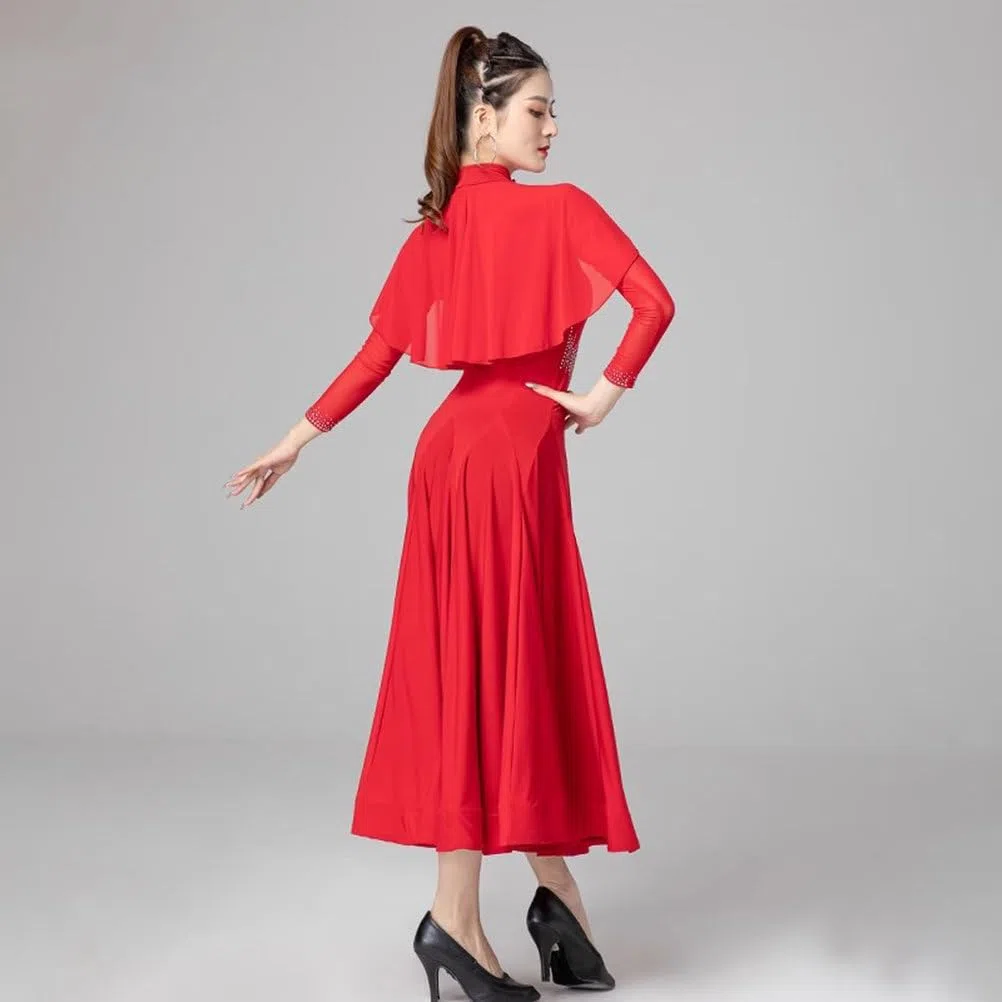 Vestido de Competencia Nacional Estándar de Mujeres Ropa de Baile de Vals Flamenco Traje de Baile Foxtrot Tango de Manga Larga Disfraz de Baile Brillante para Fiesta Salsa