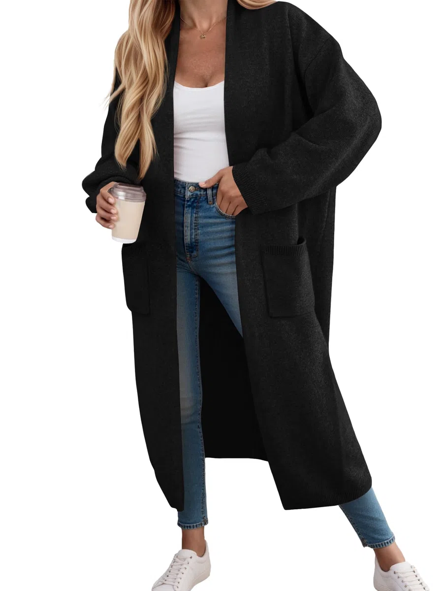 Fisoew Chaqueta de punto para mujer, cárdigan largo, de manga larga, oversized de punto, con bolsillos frontales abiertos.