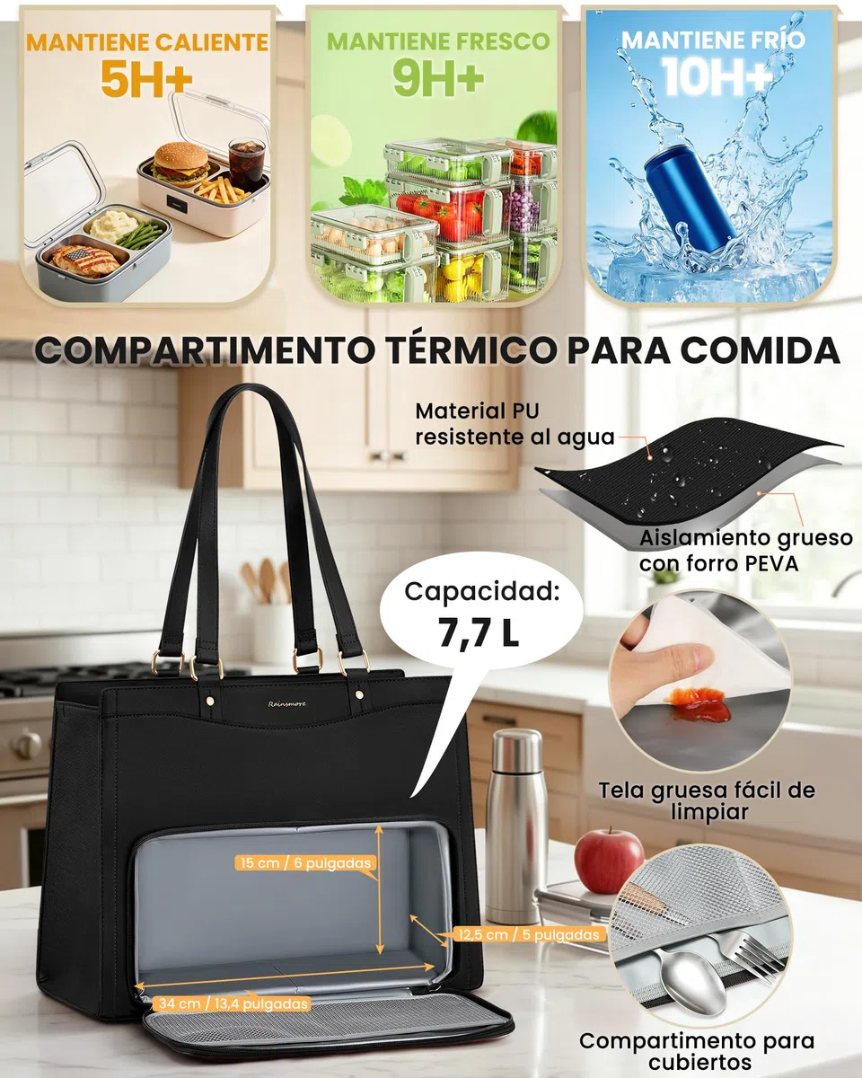 RAINSMORE Bolso Trabajo Mujer Ordenador Portátil de 15,6 pulgada con Nevera | Bolsa Profesora Maletín Maestra Grande Porta Alimentos para Oficina Universidad Shopper