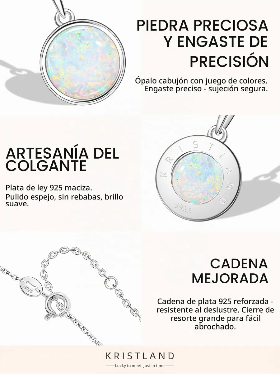 Collar de Ópalo Redondo S925 Chapado en Oro Blanco para Mujer Con Circona y Cadena Ajustable - Regalo de Cumpleaños