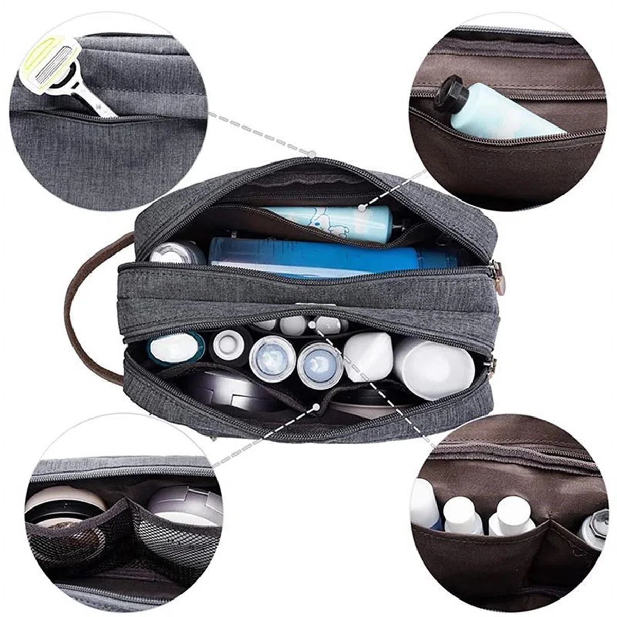 Bolsas De Aseo Neceser de Lona Informal con asa de Cuero for Hombre y Mujer, Bolsa organizadora Impermeable for Viaje, Lavado, Afeitado, Almacenamiento de artículos de tocador(Gray)