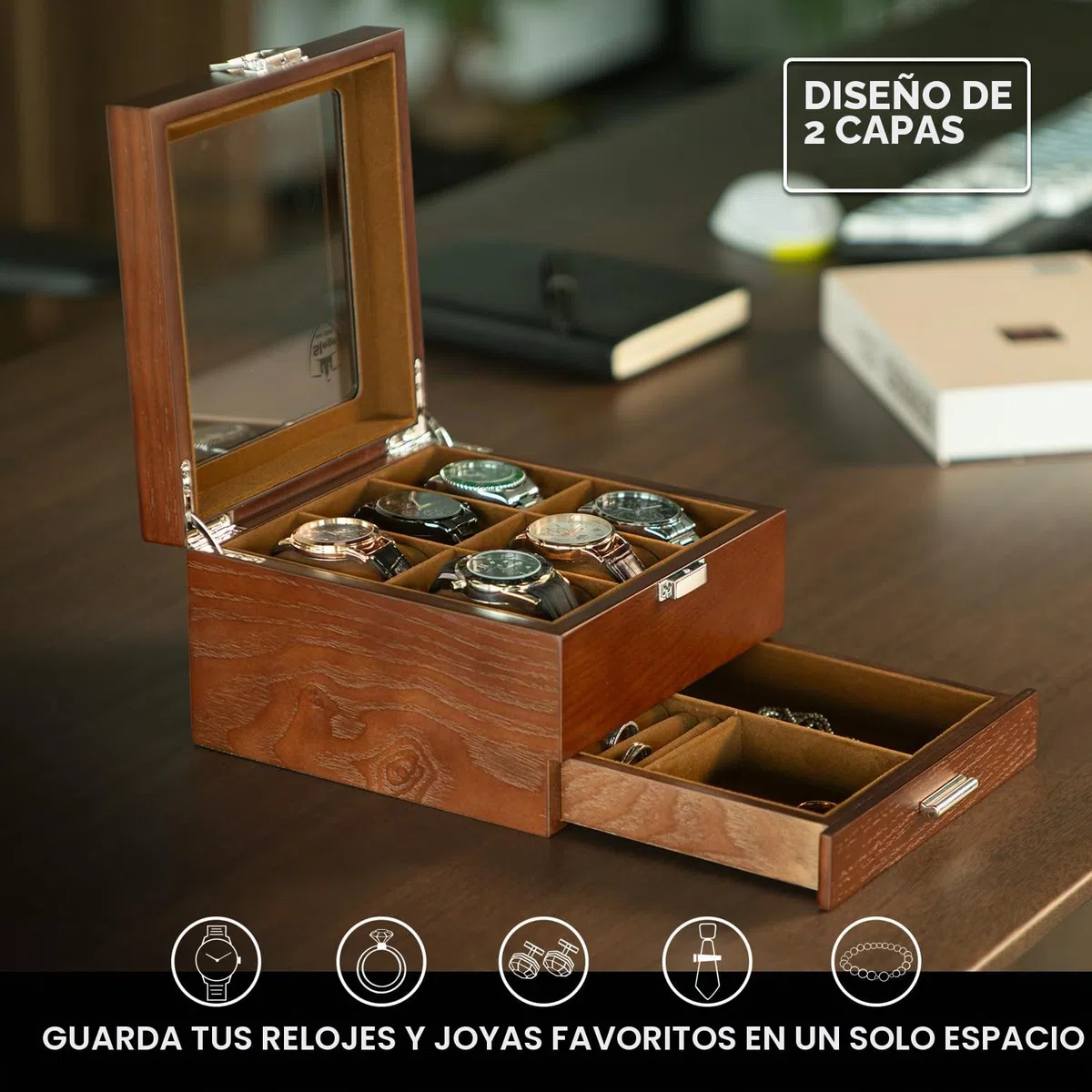 Slege Caja para Relojes Hecha a Mano de Madera, 6 Compartimentos y 2 Niveles con Cajón, Tapa de Madera con Ventana de Vidrio, Organizador Grande, Regalo Elegante para Hombre y Mujer