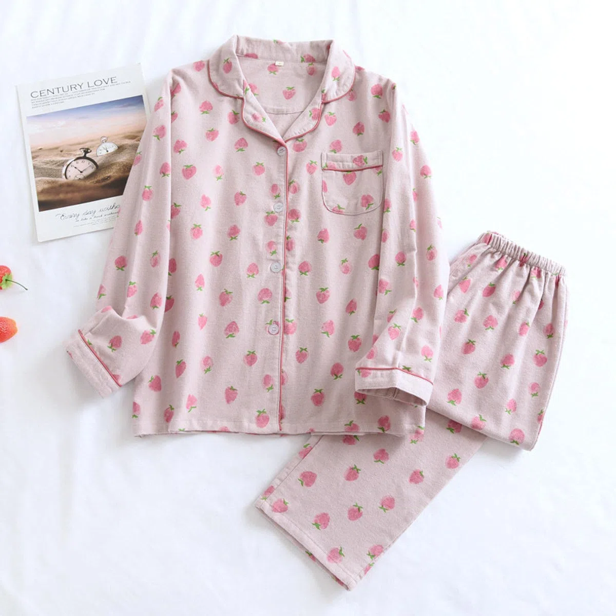 Un Pijama Cómodo Pijamas De Mujer Pijamas De Mujer Pijamas De Otoño Conjunto De Pijamas De Mujer Pantalones De Manga Larga De Algodón Puro Ropa De Dormir para Mujer,Strawberry-Pink-XL
