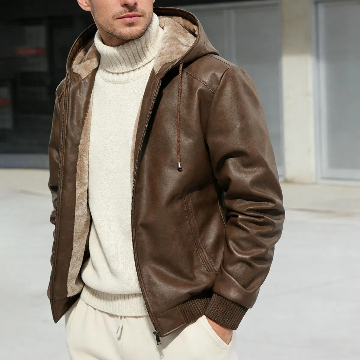 Chaqueta de motociclista de piel sintética cálida para hombre, con forro polar y capucha, abrigo invierno estilo motero, elegante abrigo para hombre