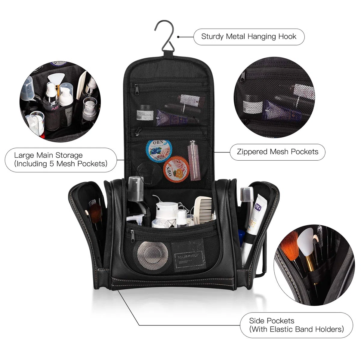MIRASON Neceser Colgante para Hombre, Kit de Dopp, Organizador de Viaje Impermeable con Gancho de Metal Resistente y asa para baño, Ducha, cosméticos, Camping, cepillos, Afeitado, Black, 11.5x4.5x7.9