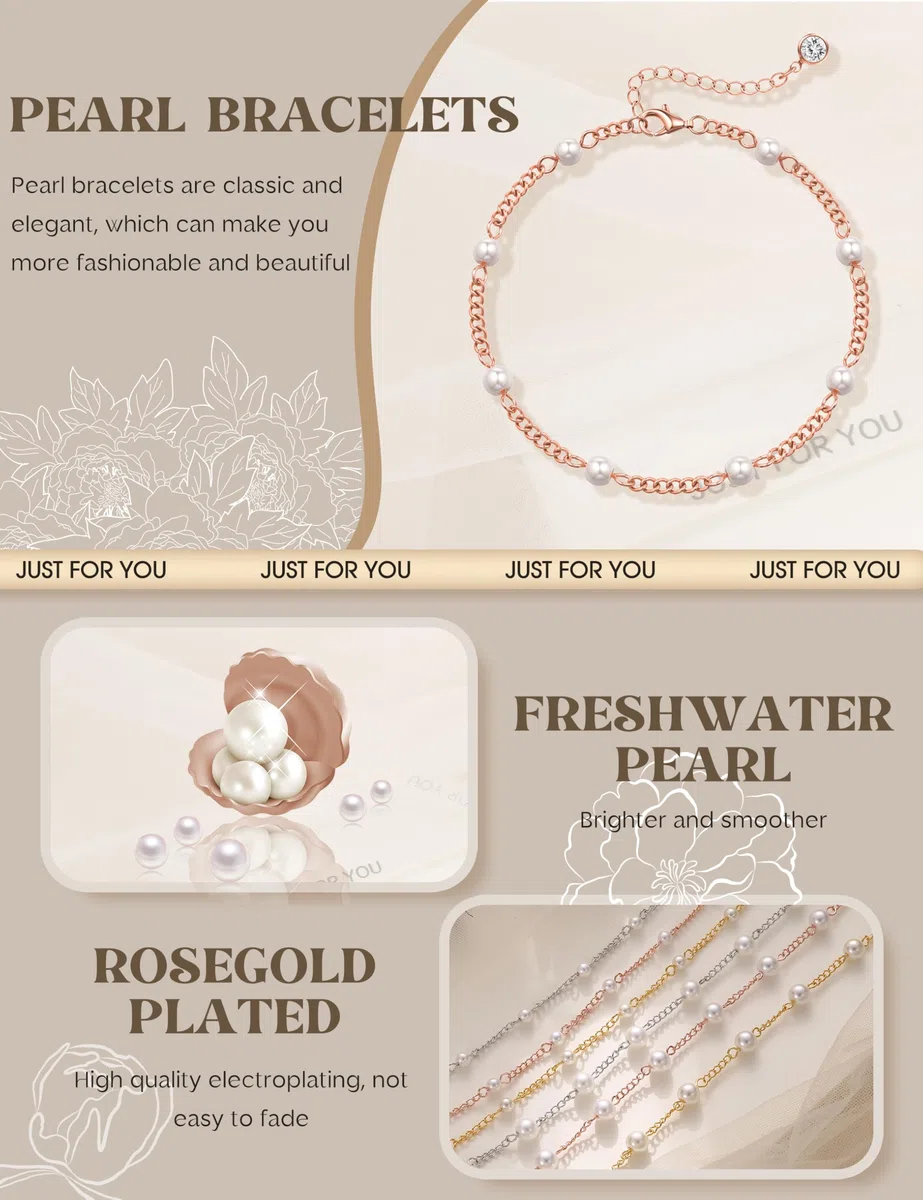 HHRFCS Pulseras de Perlas de Agua Dulce para Mujer Pulsera de Perlas Hecha a Mano Ajustable Cadena de Mano Chapado en Oro de 18 Quilates/Oro Rosa/Oro Blanco Elegantes Joyas con Cuentas Regalos para