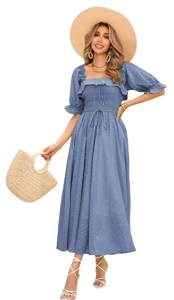 R.Vivimos Mujer Casual Polka Dot Print Slim Fit Media Manga Vestidos Cuello Cuadrado Largo Vestido Midi