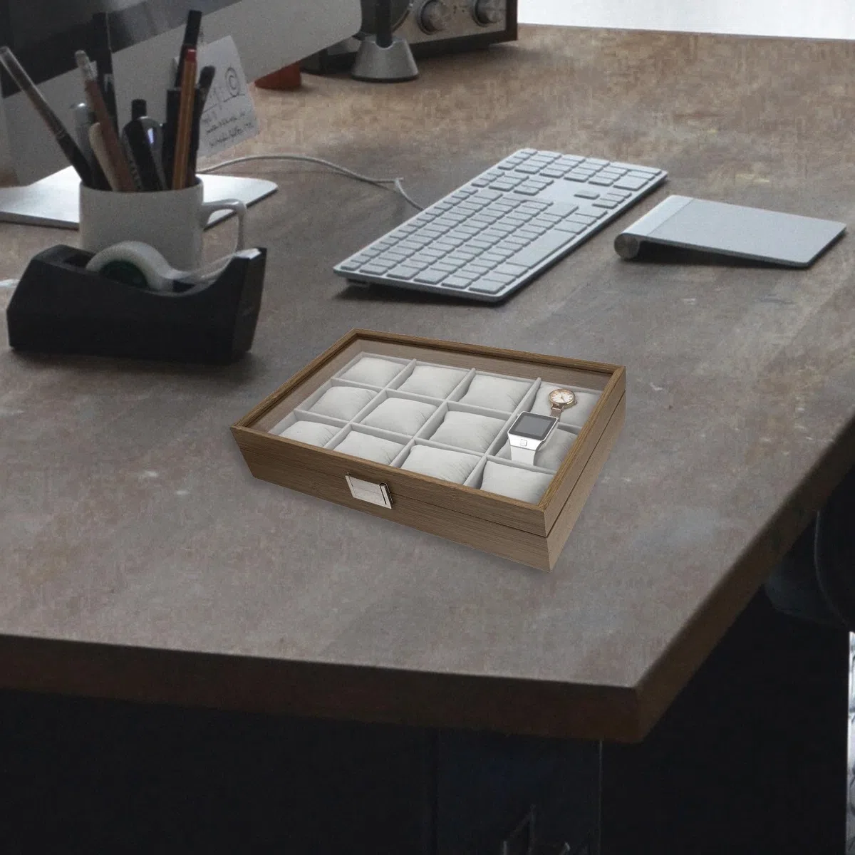 Genérico Caja de reloj organizadora de madera con 12 compartimentos para reloj y pendientes, perfecta para decoración y almacenamiento en casa y tienda