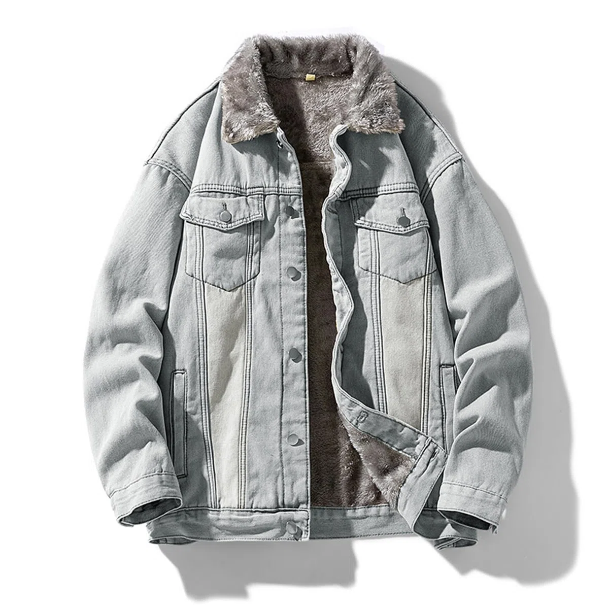 Generisch Chaqueta vaquera para hombre con forro de pelo de peluche y cuello – Chaqueta vaquera de invierno forrada en aspecto vintage | Cálida chaqueta de camionero para otoño e invierno